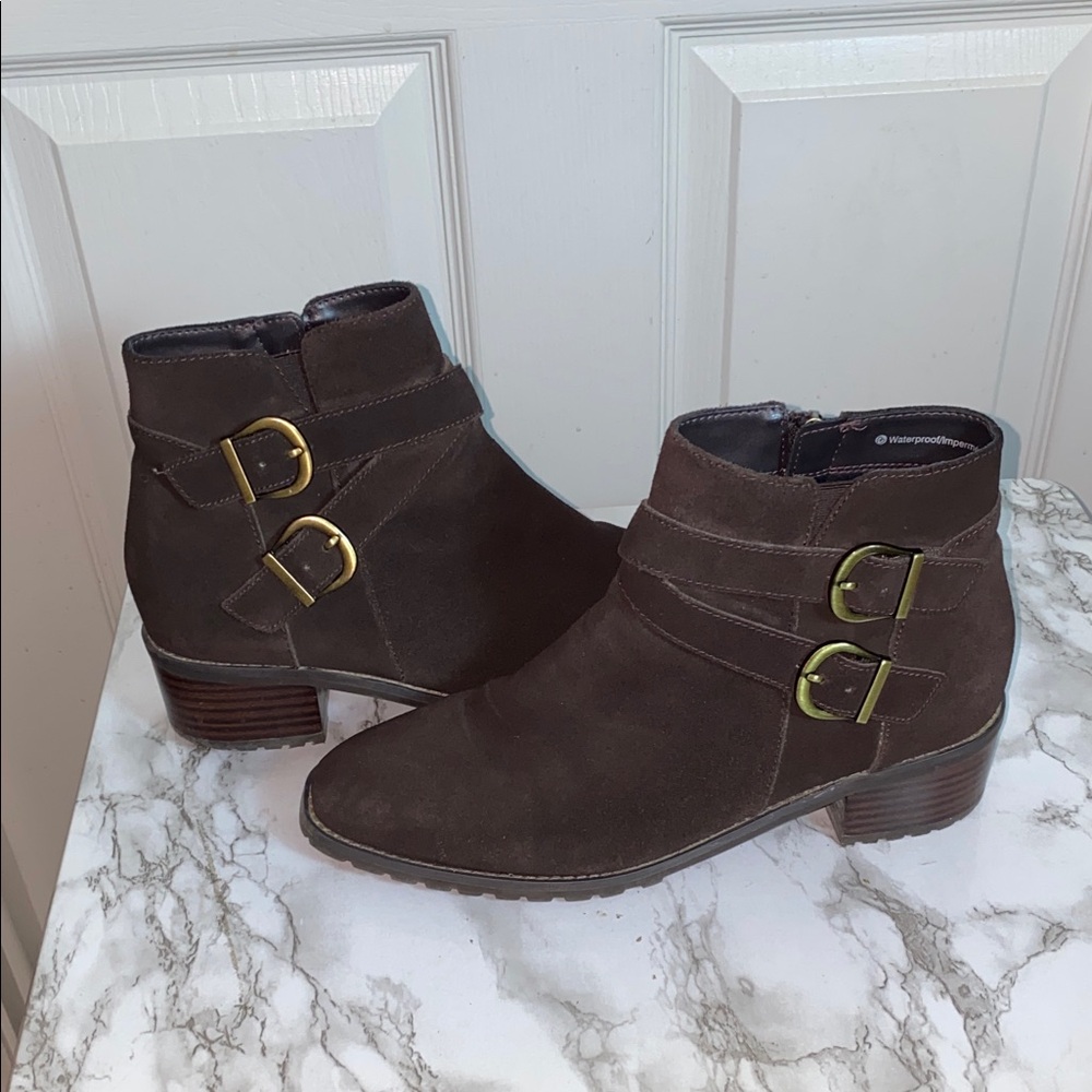 Blondo Dark Brown Ankle Suede Boots with Gold Buckles Waterproof Size 9.5